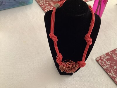 String necklace with wooden beads. Salmon and brown colors. 21” - image3